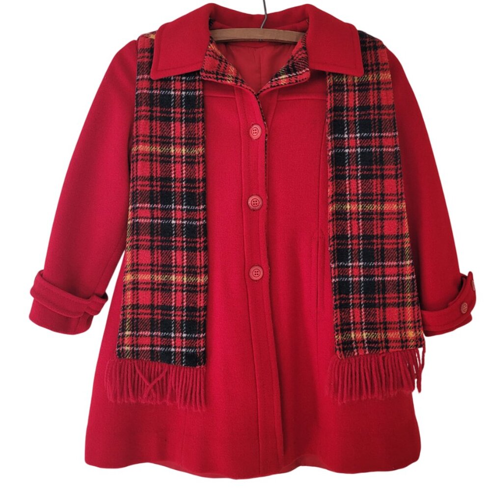 1980s Rothschild Girls Red Hooded Button Pea Coat Plaid Detail w/ Scarf size 6X